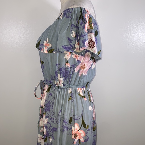 Band of Gypsies floral off shoulder tie waist high/low hem maxi dress M blue - Picture 6 of 8